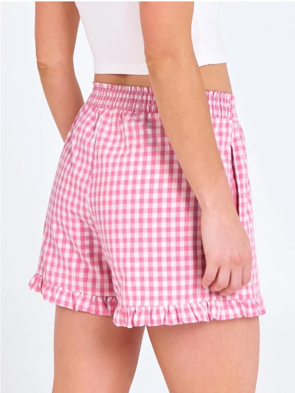 ANRABESS Women’s Boxer Shorts Pink Gingham Plaid Elastic Waist and Ruffles Small - Picture 4 of 4